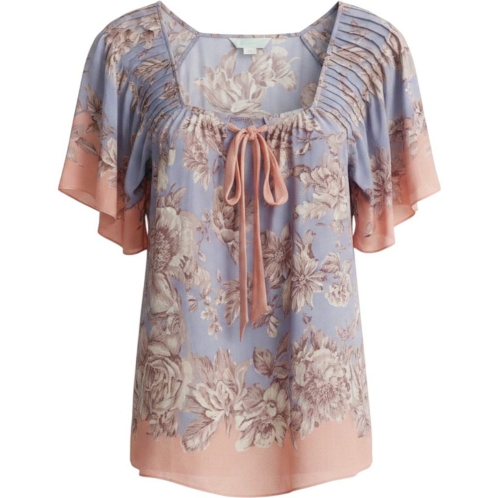 Anthropologie Lil 100% Silk Floral Tie Front Blouse Size 6 Blue Pink Romantic
